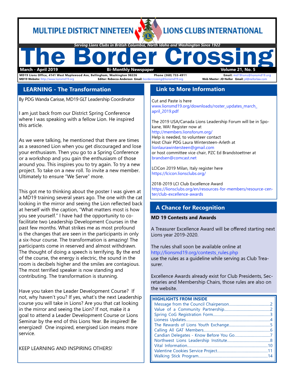 The Border Crossing March - April 2019 Bi-Monthly Newspaper Volume 21, No