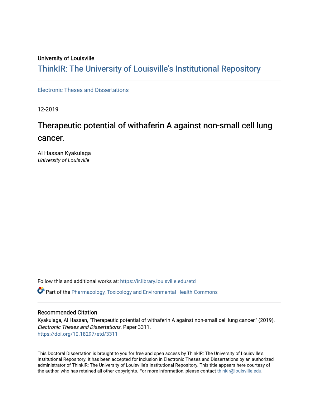 Therapeutic Potential of Withaferin a Against Non-Small Cell Lung Cancer