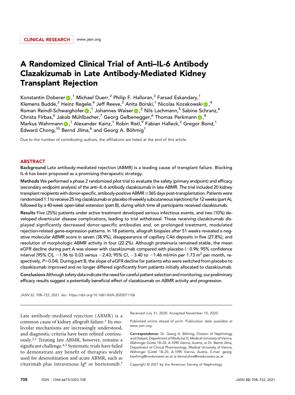 A Randomized Clinical Trial of Anti–IL-6 Antibody Clazakizumab in Late Antibody-Mediated Kidney Transplant Rejection