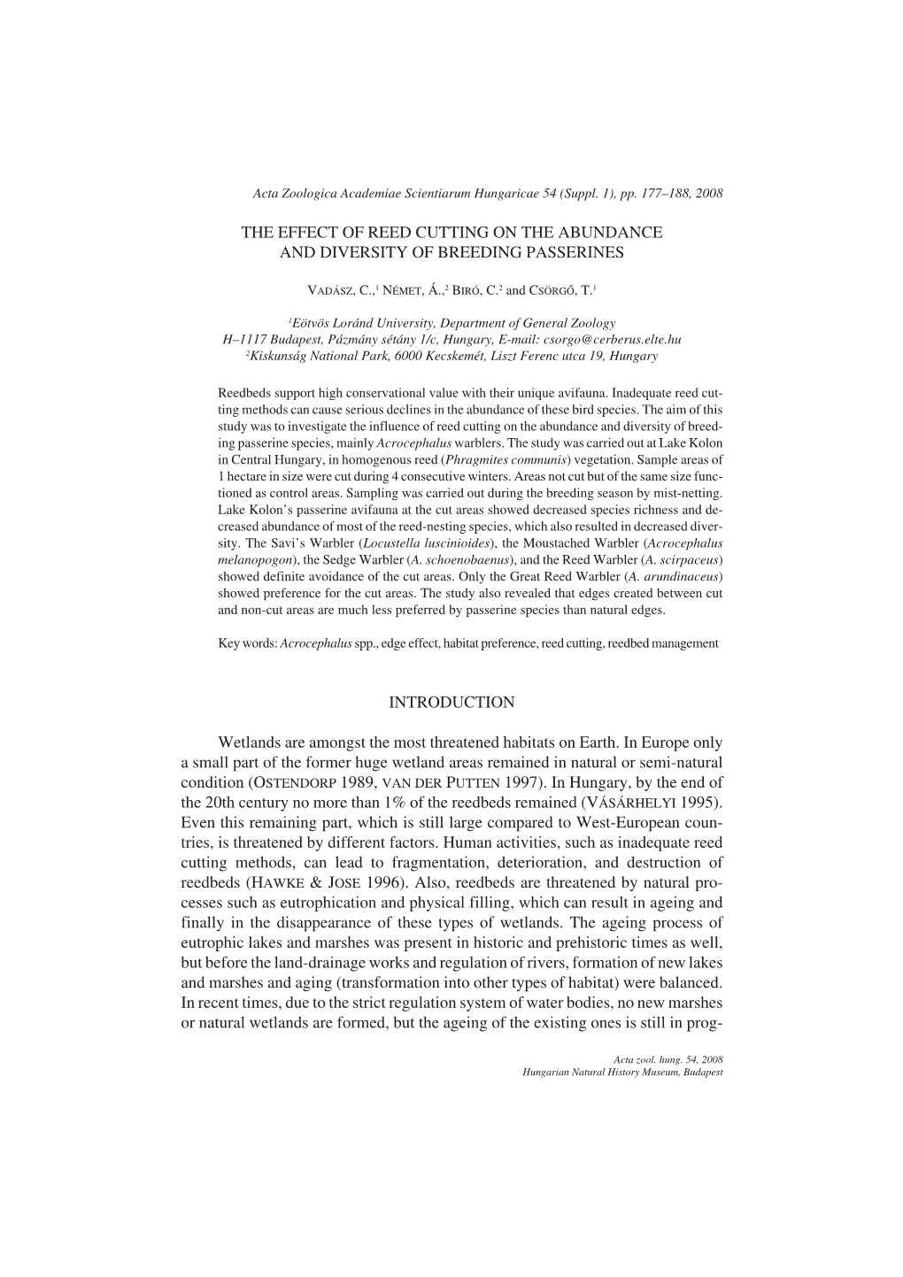 The Effect of Reed Cutting on the Abundance and Diversity of Breeding Passerines