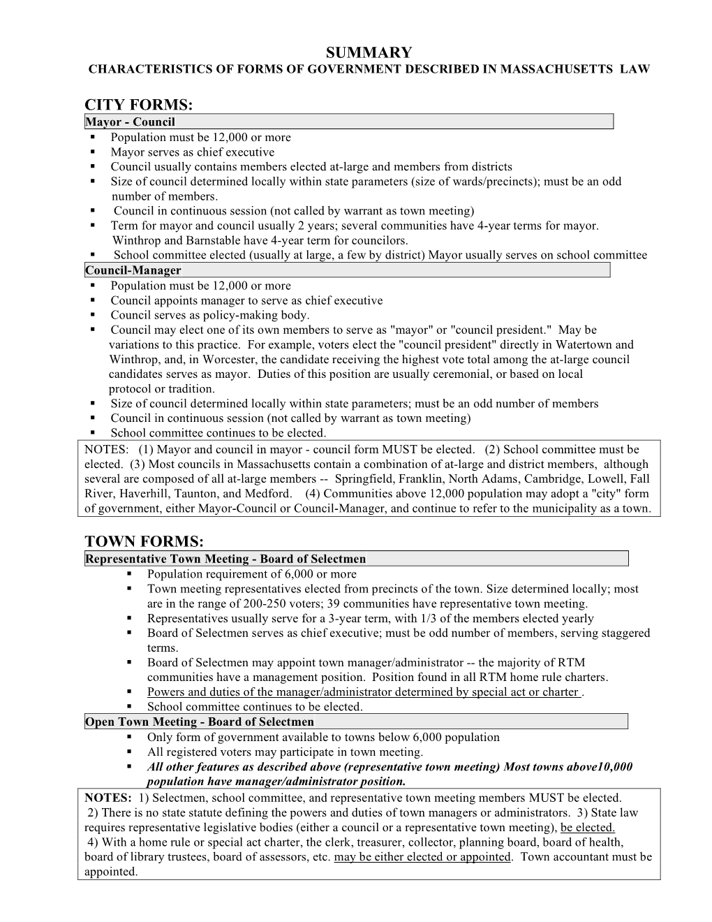 Characteristics of Forms of Government Described in Massachusetts Law