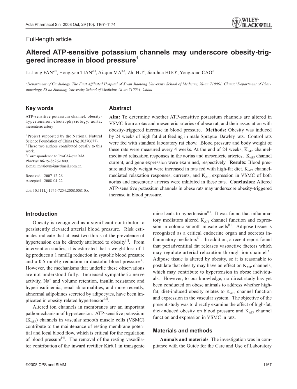 Altered ATP-Sensitive Potassium Channels May Underscore Obesity-Trig- Gered Increase in Blood Pressure1