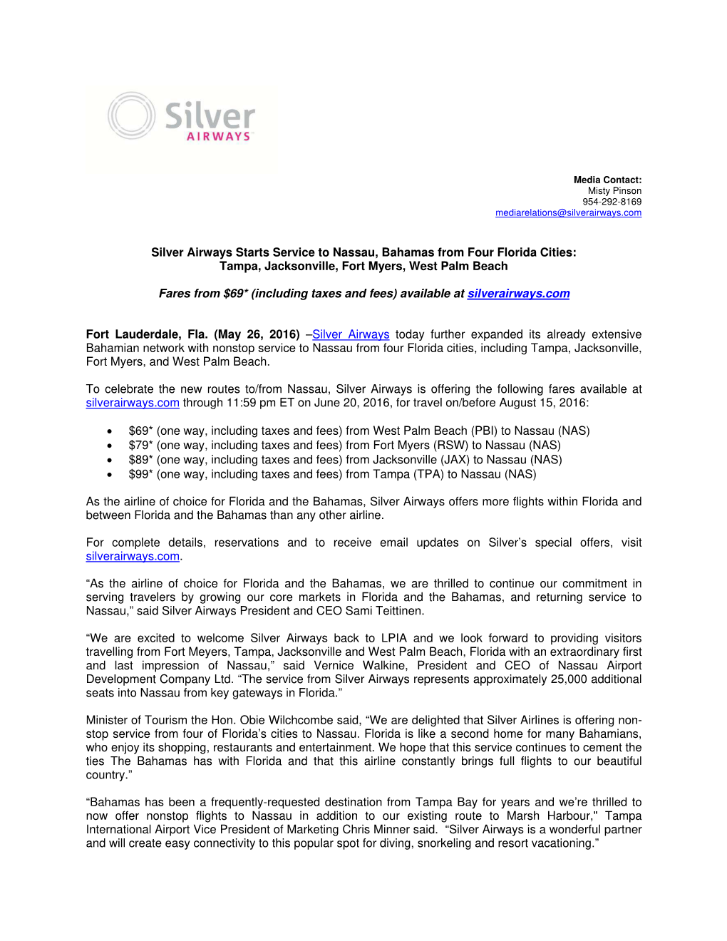 Silver Airways Starts Service to Nassau, Bahamas from Four Florida Cities: Tampa, Jacksonville, Fort Myers, West Palm Beach