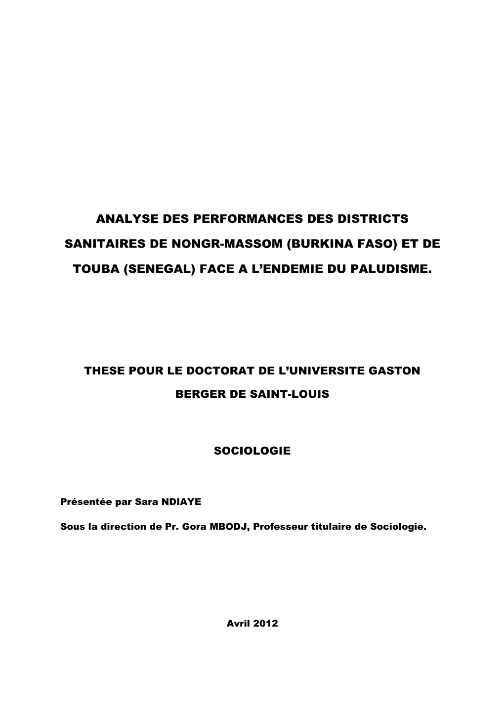 Analyse Des Performances Des Districts Sanitaires De Nongr-Massom