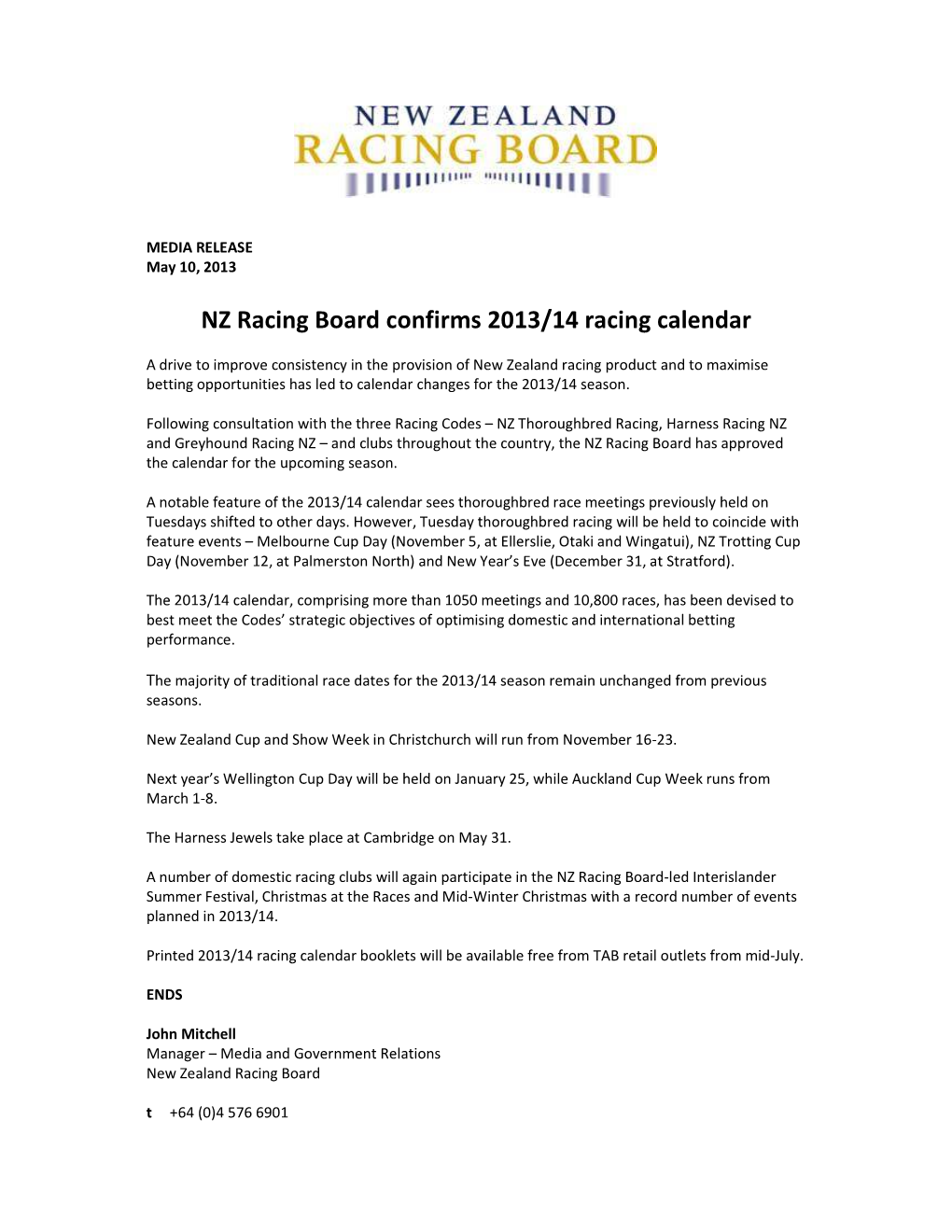 NZ Racing Board Confirms 2013/14 Racing Calendar