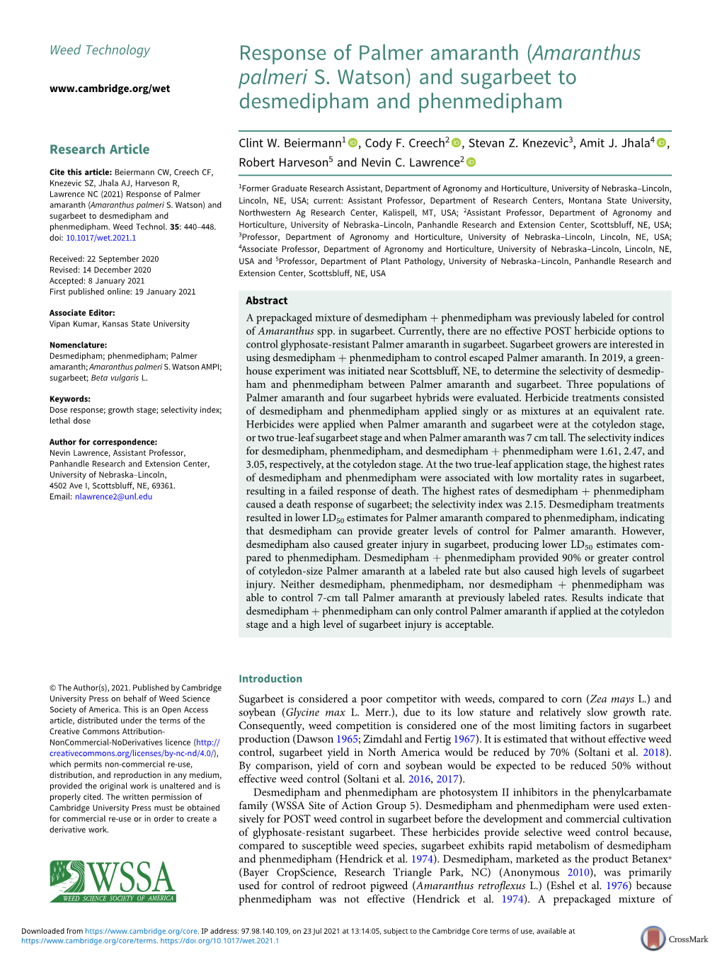 Response of Palmer Amaranth (Amaranthus Palmeri S. Watson)