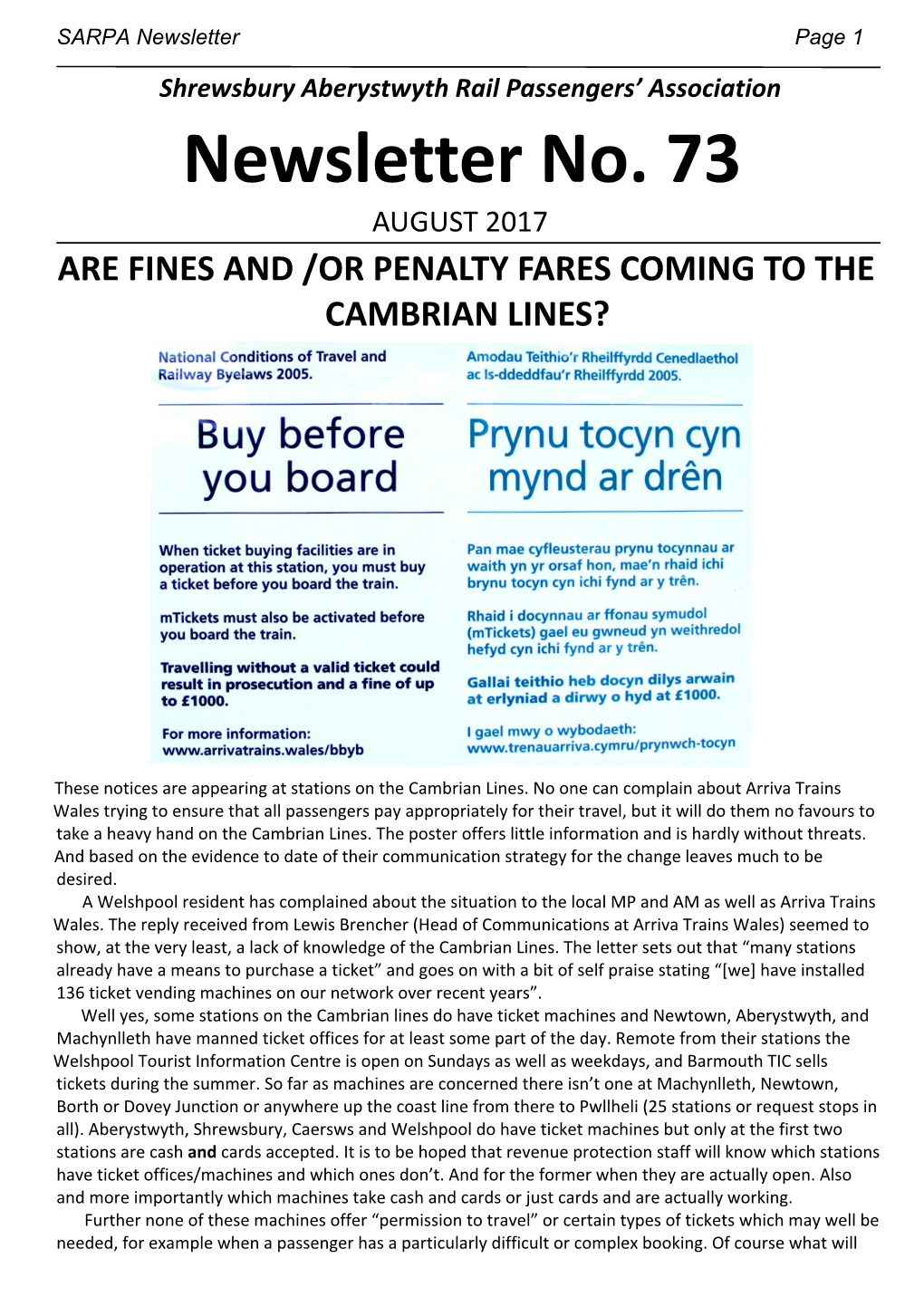 Newsletter No. 73 AUGUST 2017 ARE FINES and /OR PENALTY FARES COMING to the CAMBRIAN LINES?