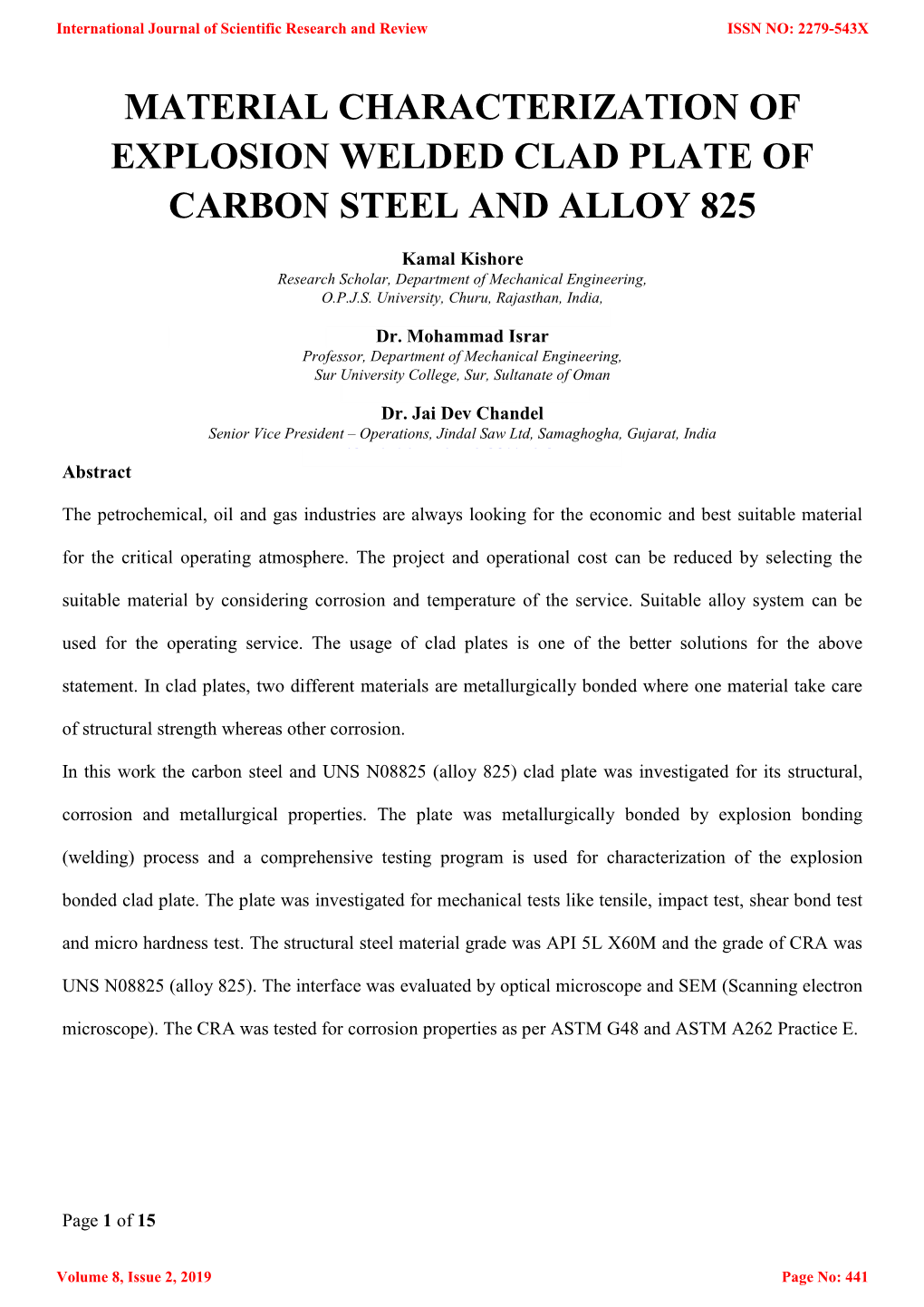 Material Characterization of Explosion Welded Clad Plate of Carbon Steel and Alloy 825