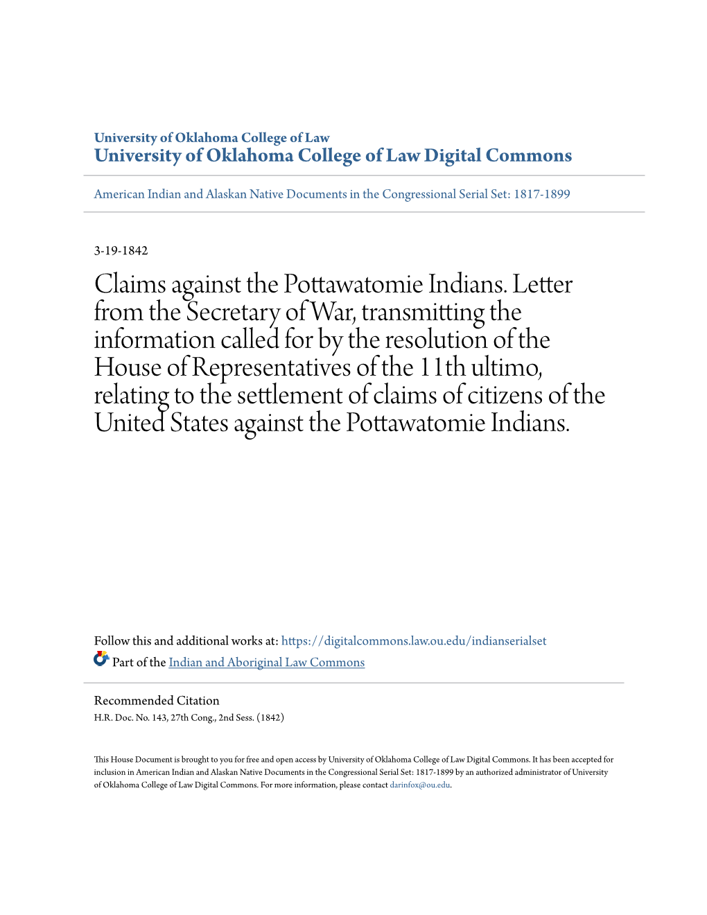 Claims Against the Pottawatomie Indians. Letter from the Secretary of War, Transmitting the Information Called for by the Resolu