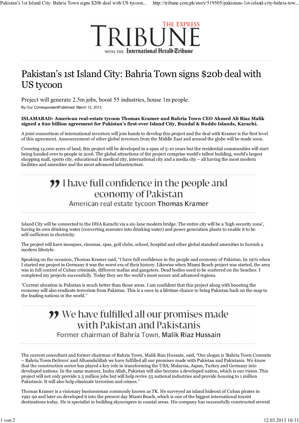 Pakistan's 1St Island City: Bahria Town Signs $20B Deal with US Tycoon