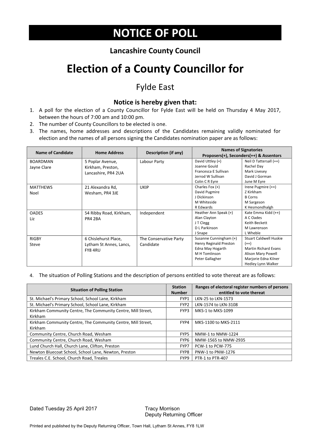 NOTICE of POLL Election of a County Councillor