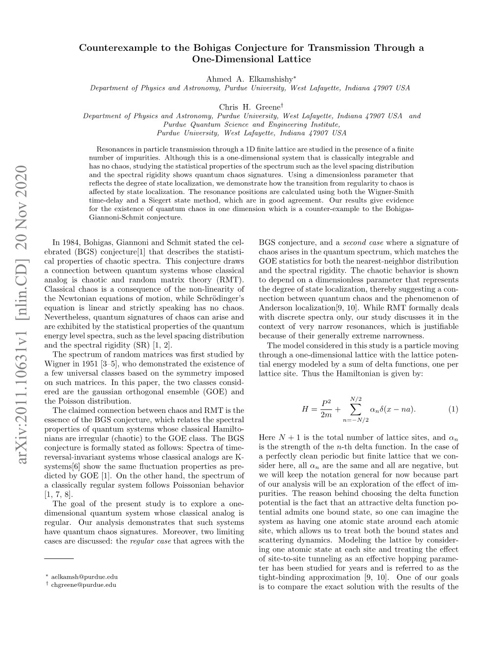 Counterexample to the Bohigas Conjecture for Transmission Through a One-Dimensional Lattice