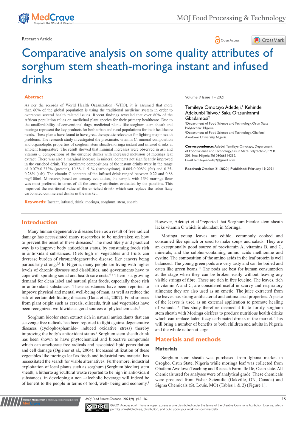 Comparative Analysis on Some Quality Attributes of Sorghum Stem Sheath-Moringa Instant and Infused Drinks