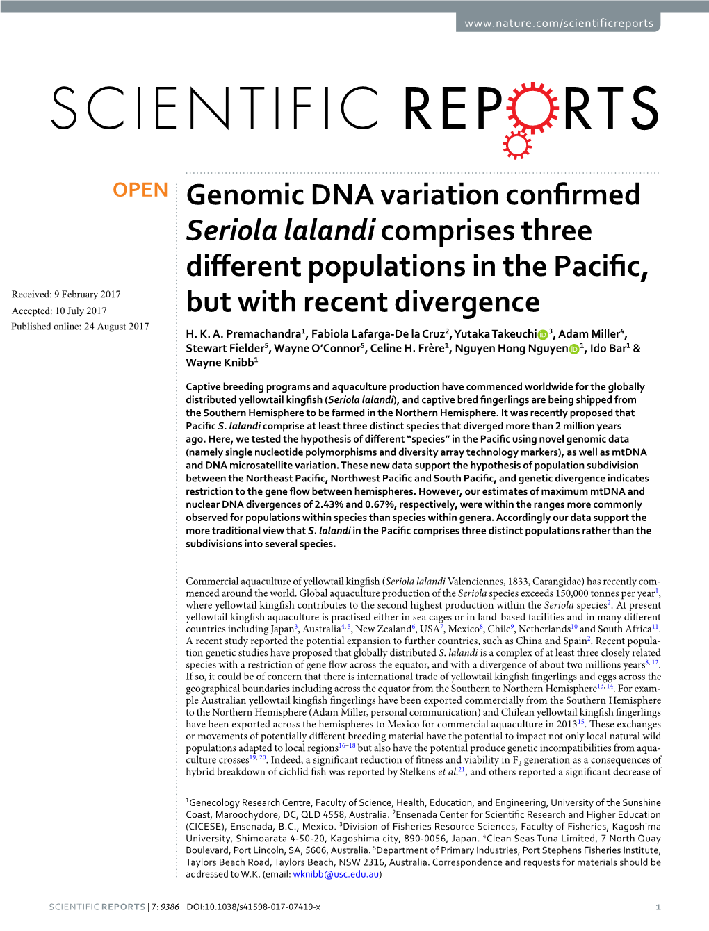 Genomic DNA Variation Confirmed Seriola Lalandi Comprises Three Different Populations in the Pacific, but with Recent Divergence