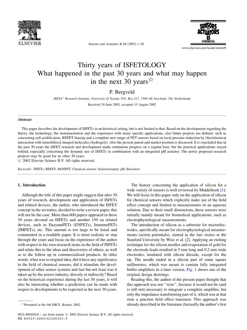 Thirty Years of ISFETOLOGY What Happened in the Past 30 Years and What May Happen in the Next 30 Years$ P