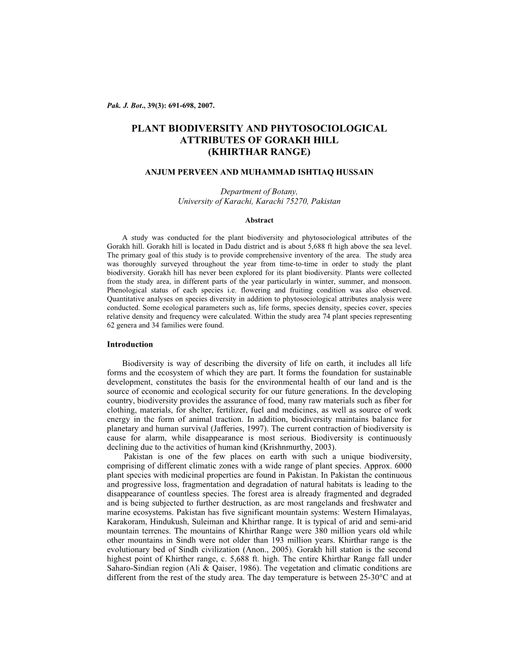 Plant Biodiversity and Phytosociological Attributes of Gorakh Hill (Khirthar Range)