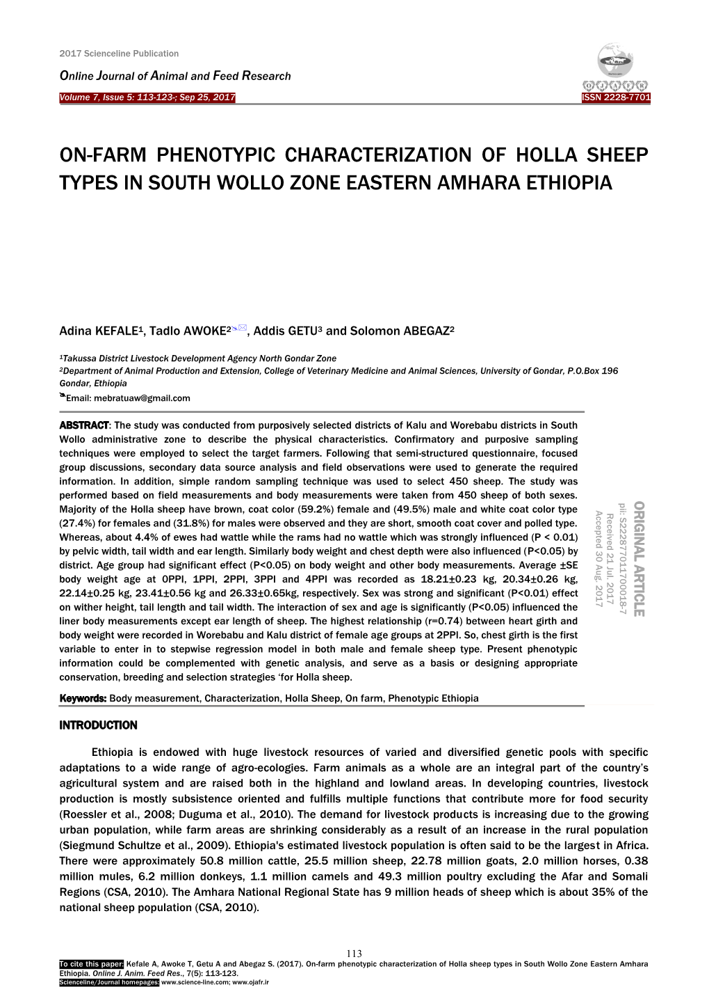 On-Farm Phenotypic Characterization of Holla Sheep Types in South Wollo Zone Eastern Amhara Ethiopia