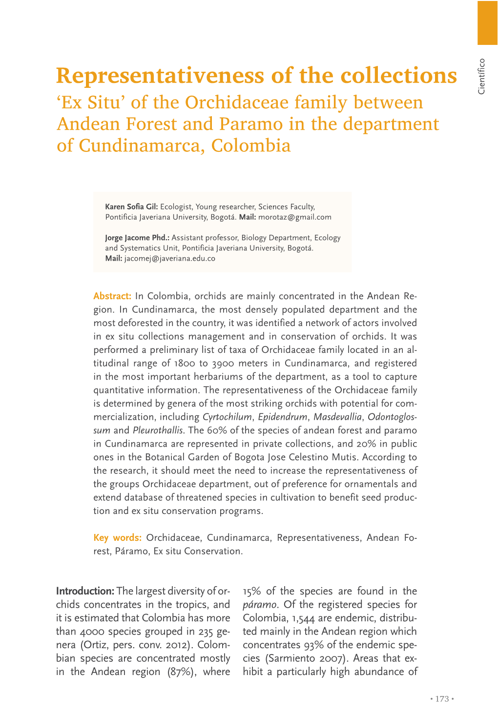 Representativeness of the Collections Científico ‘Ex Situ’ of the Orchidaceae Family Between Andean Forest and Paramo in the Department of Cundinamarca, Colombia