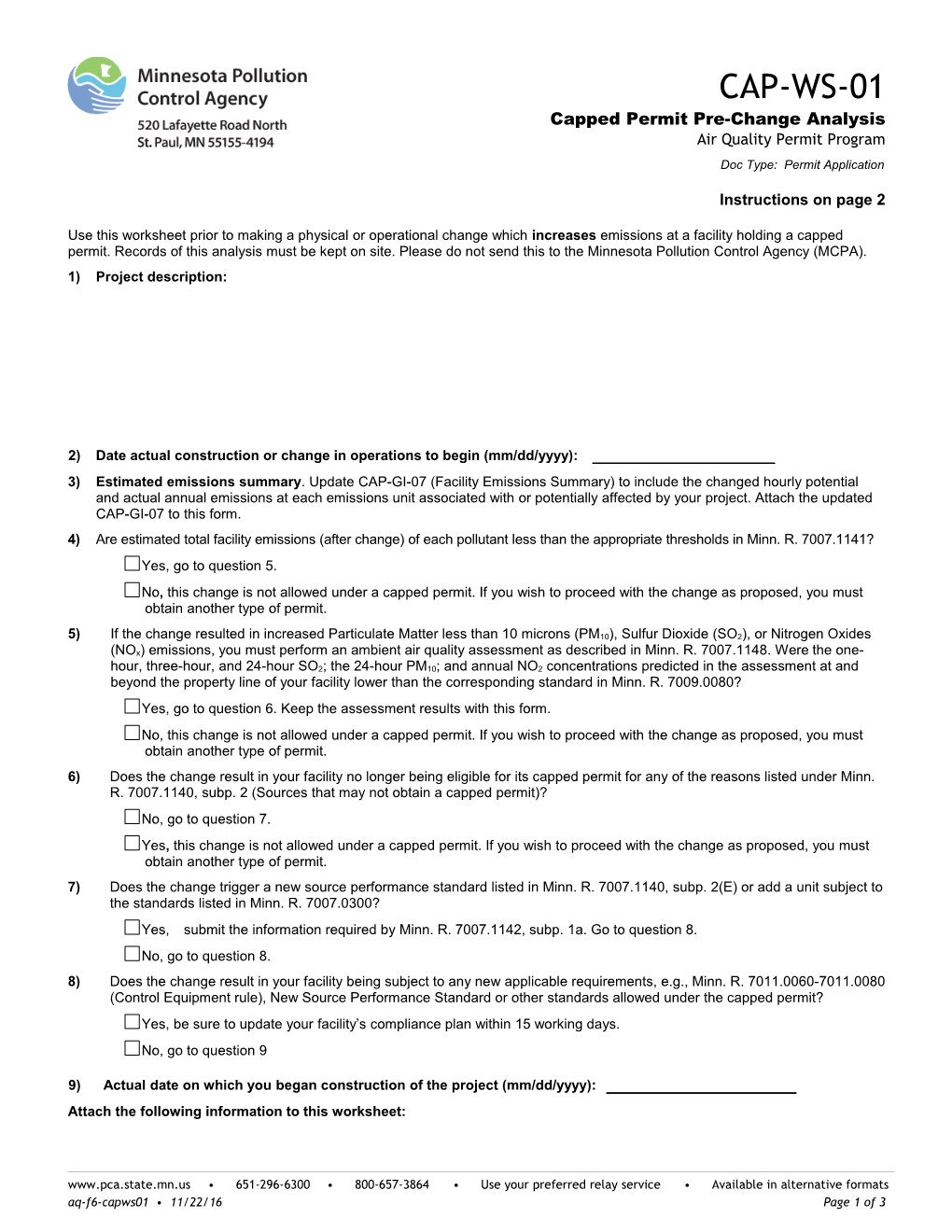 CAP-WS-01 Capped Permit Pre-Change Analysis - Air Quality Permit Program - Form