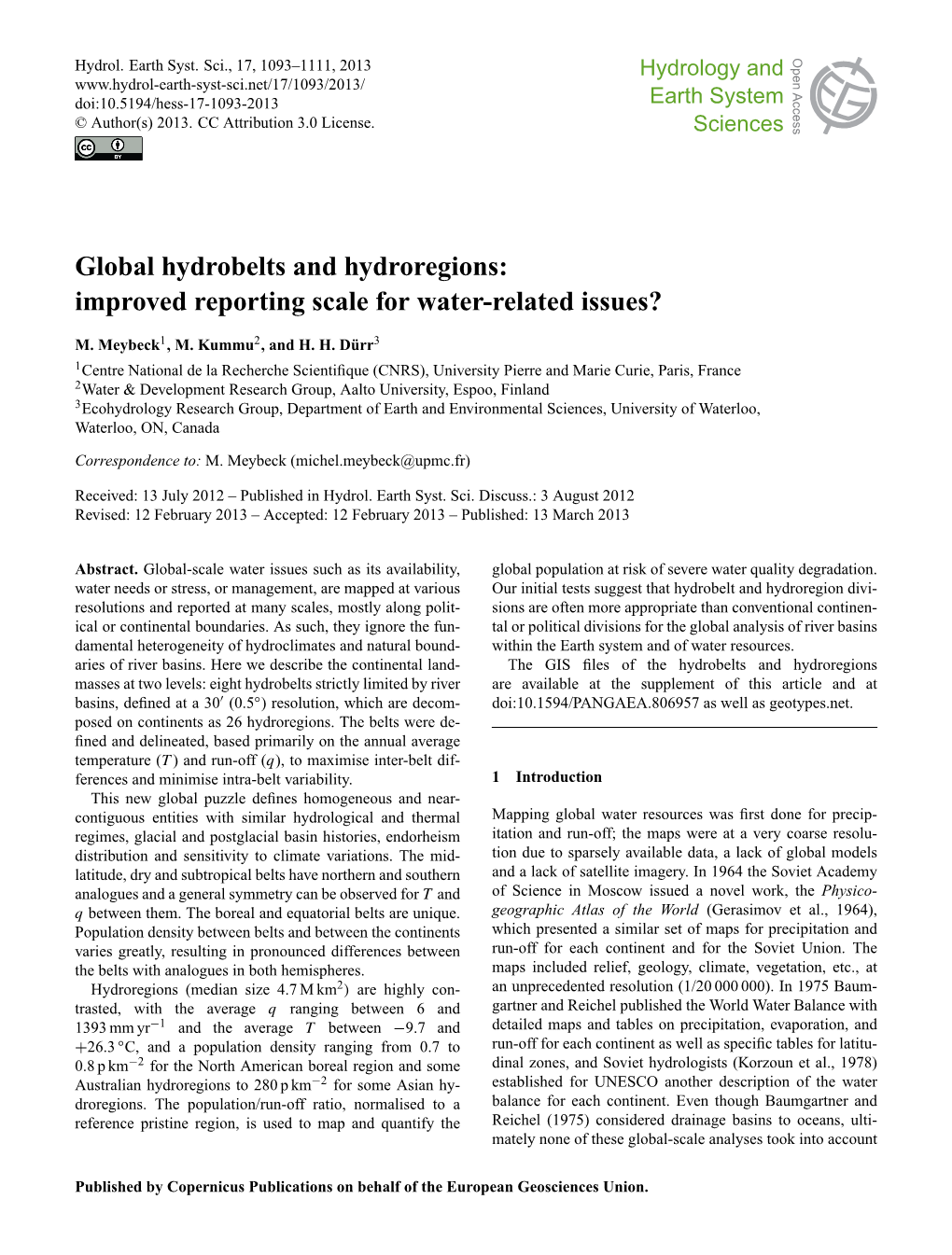 Global Hydrobelts and Hydroregions: Improved Reporting Scale for Water