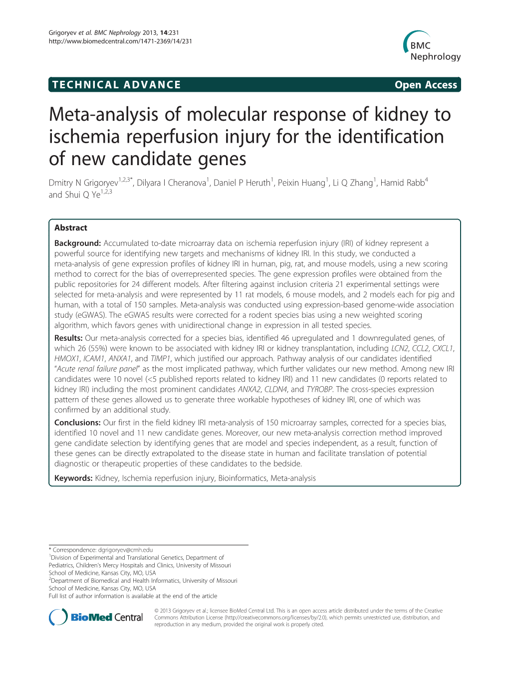 Meta-Analysis of Molecular Response of Kidney to Ischemia Reperfusion