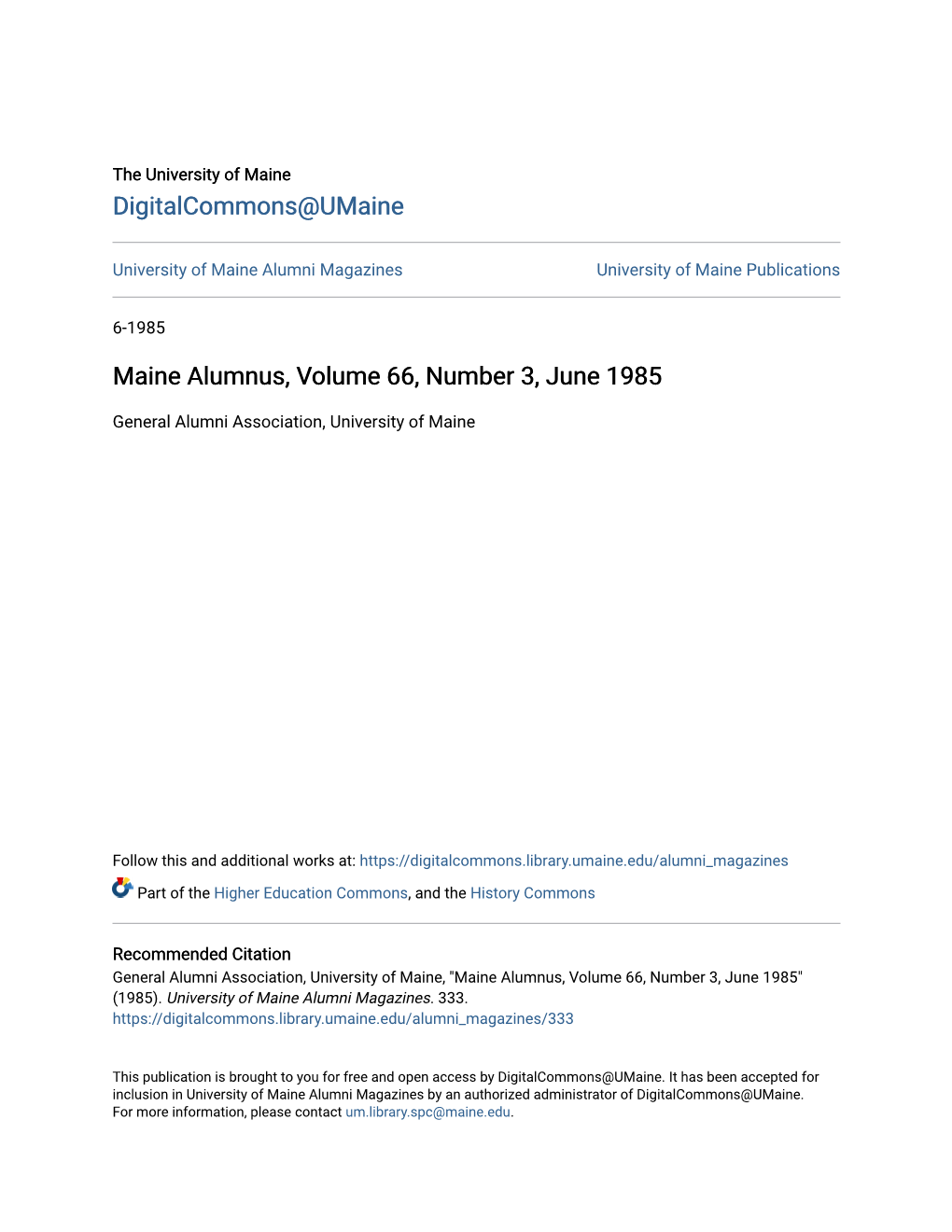 Maine Alumnus, Volume 66, Number 3, June 1985