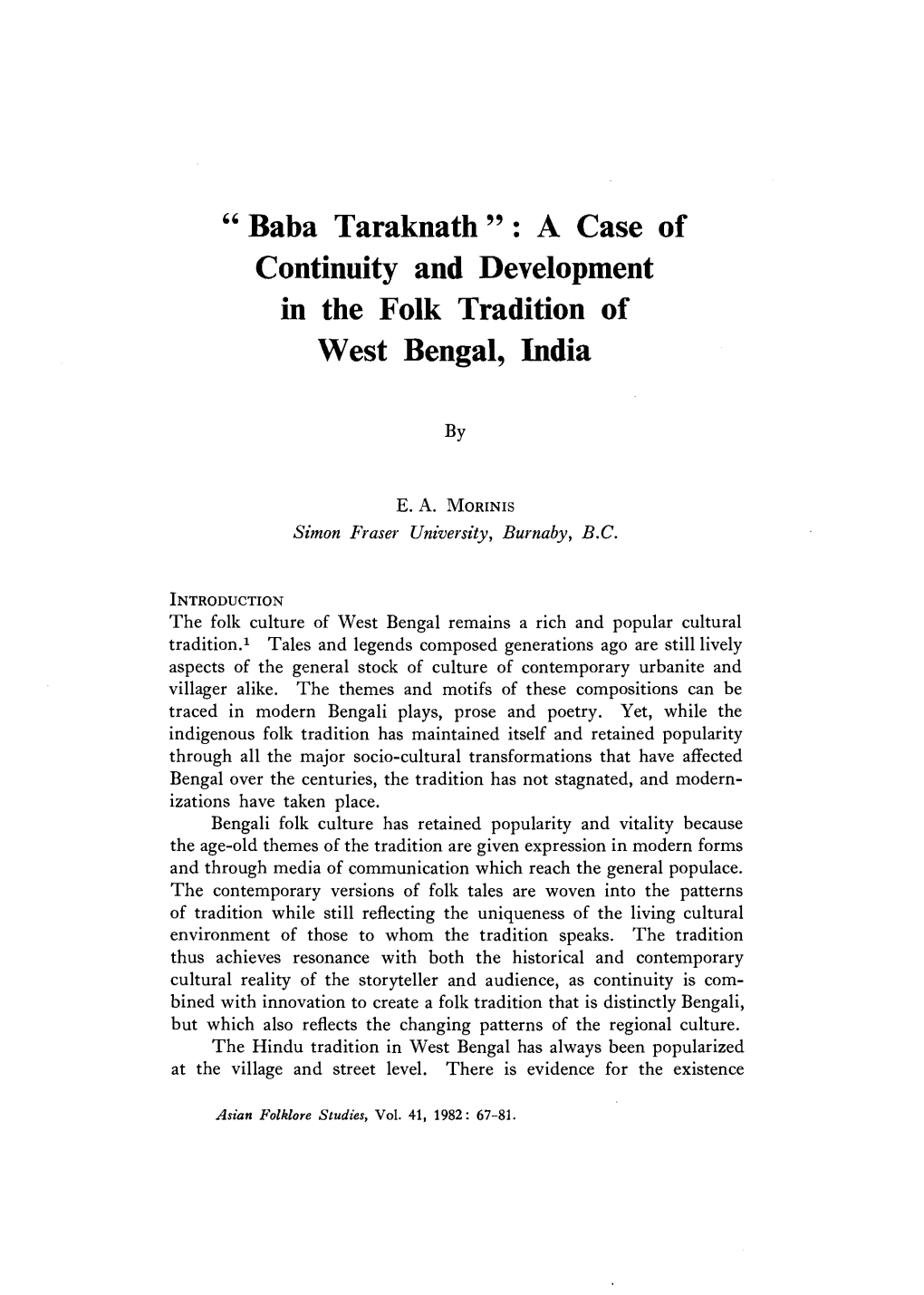 Baba Taraknath ” : a Case of Continuity and Development in the Folk Tradition of West Bengal, India