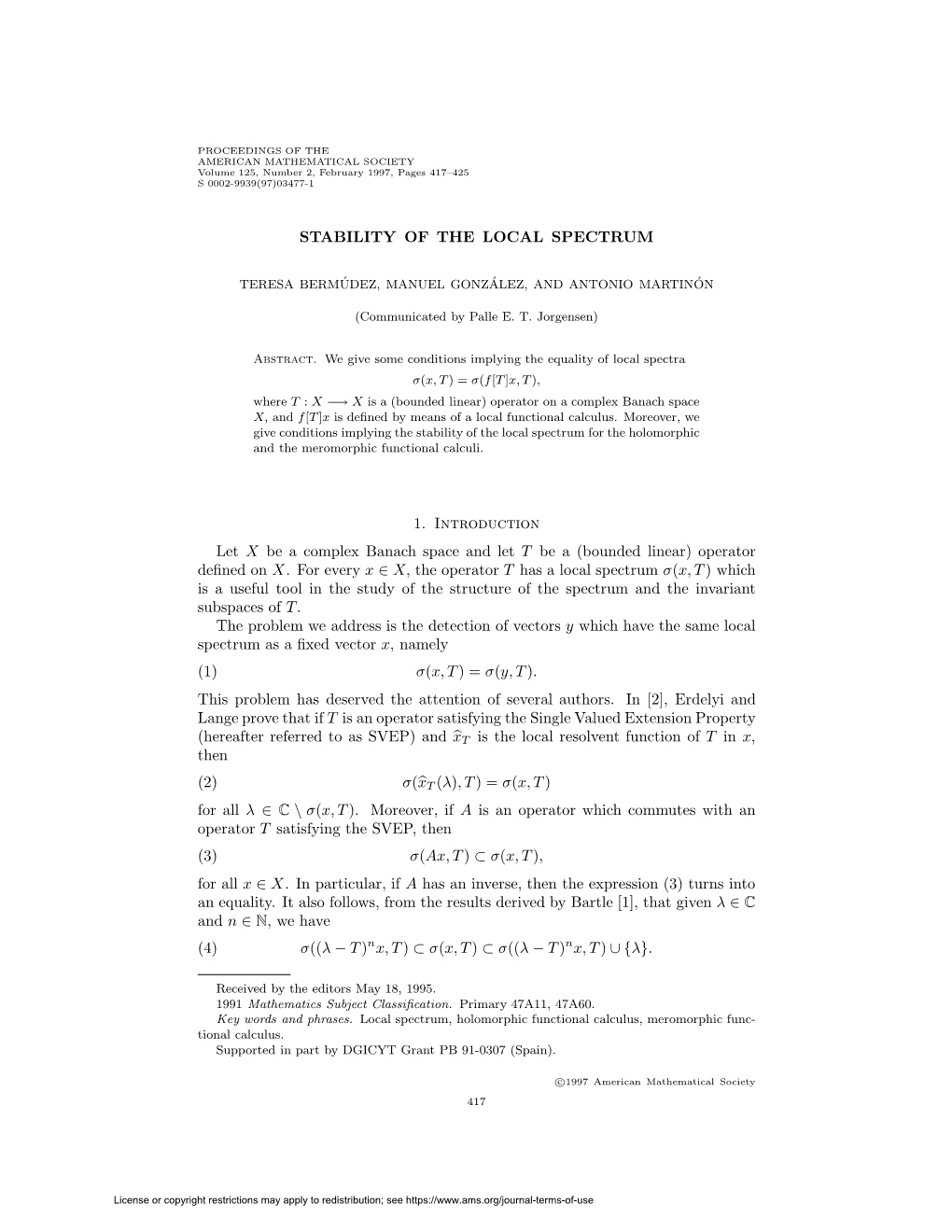 Bounded Linear) Operator on a Complex Banach Space X, and F[T ]X−→Is Deﬁned by Means of a Local Functional Calculus