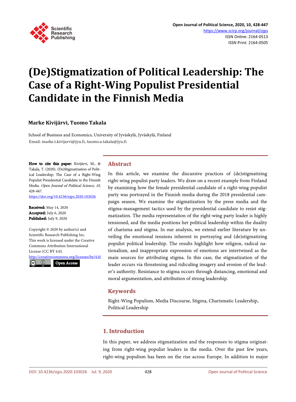 Stigmatization of Political Leadership: the Case of a Right-Wing Populist Presidential Candidate in the Finnish Media