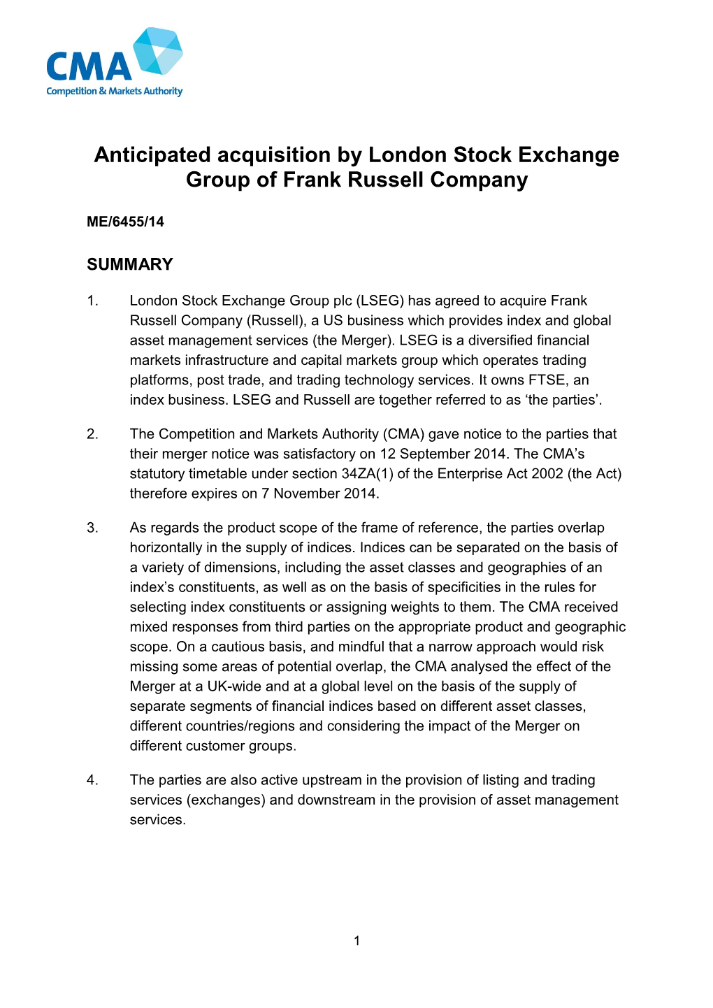 Anticipated Acquisition by London Stock Exchange Group of Frank Russell Company