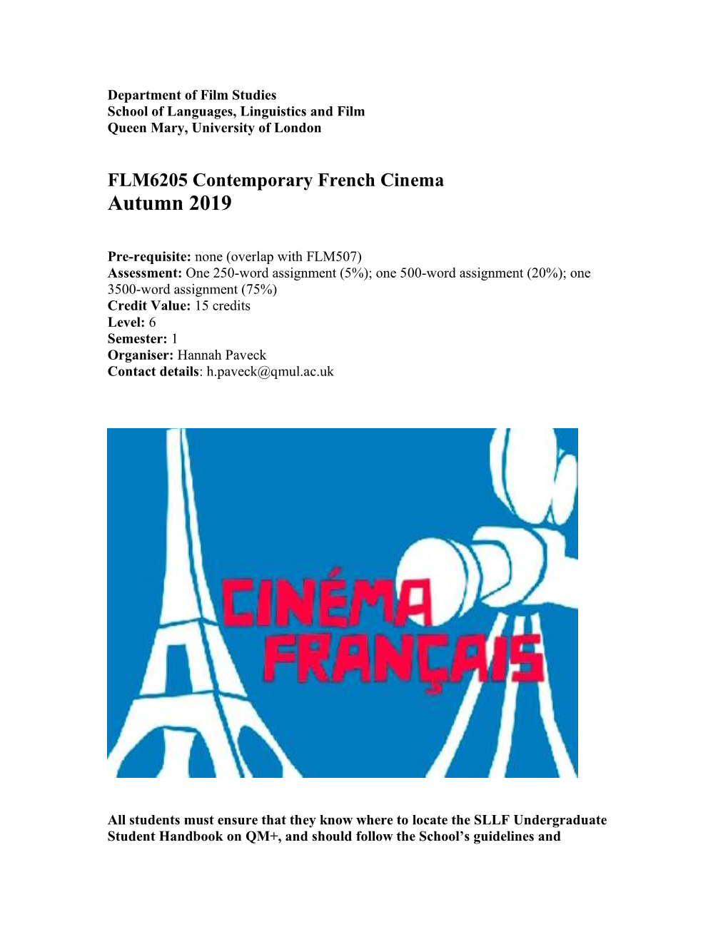 FLM6205 Contemporary French Cinema Autumn 2019