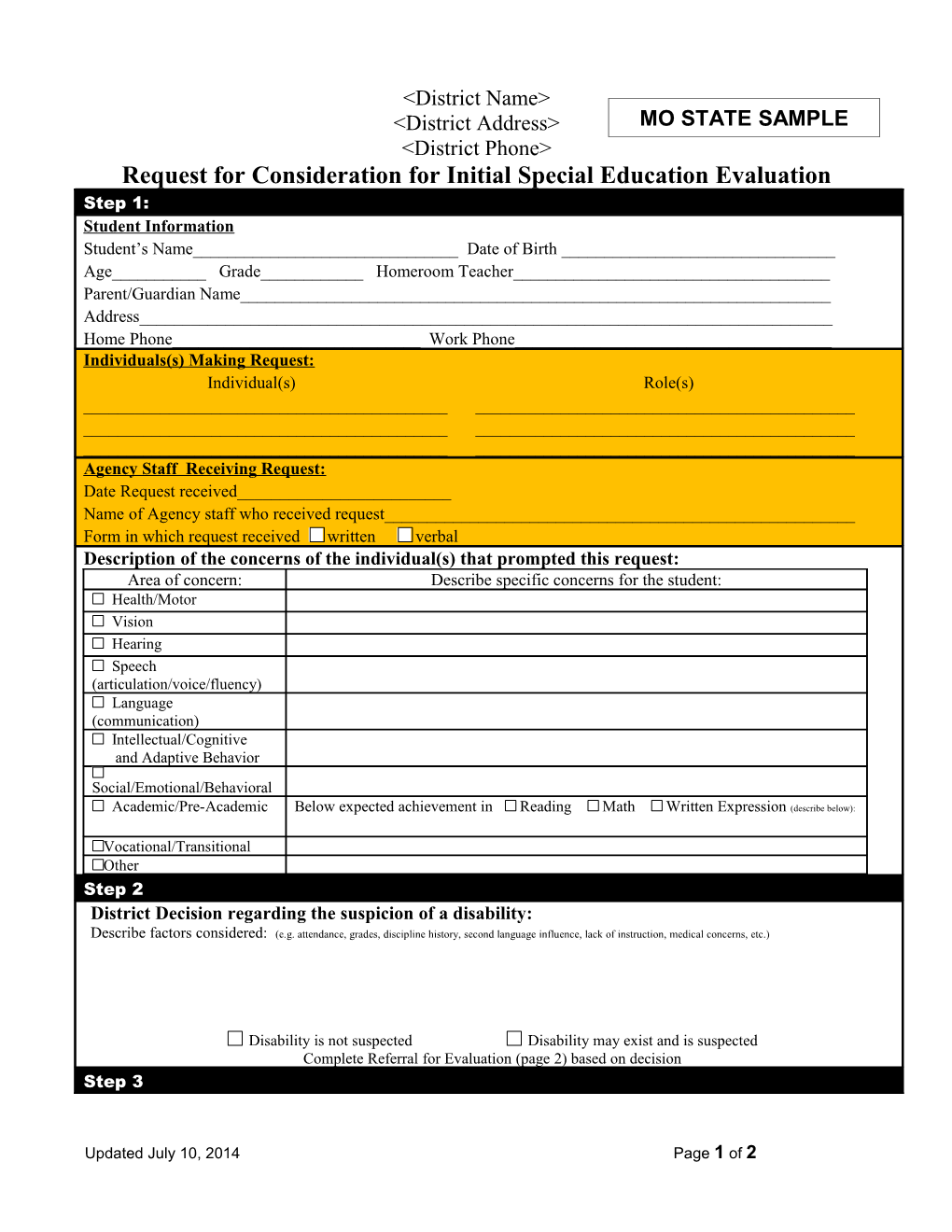 Request for Consideration for Initial Special Education Evaluation