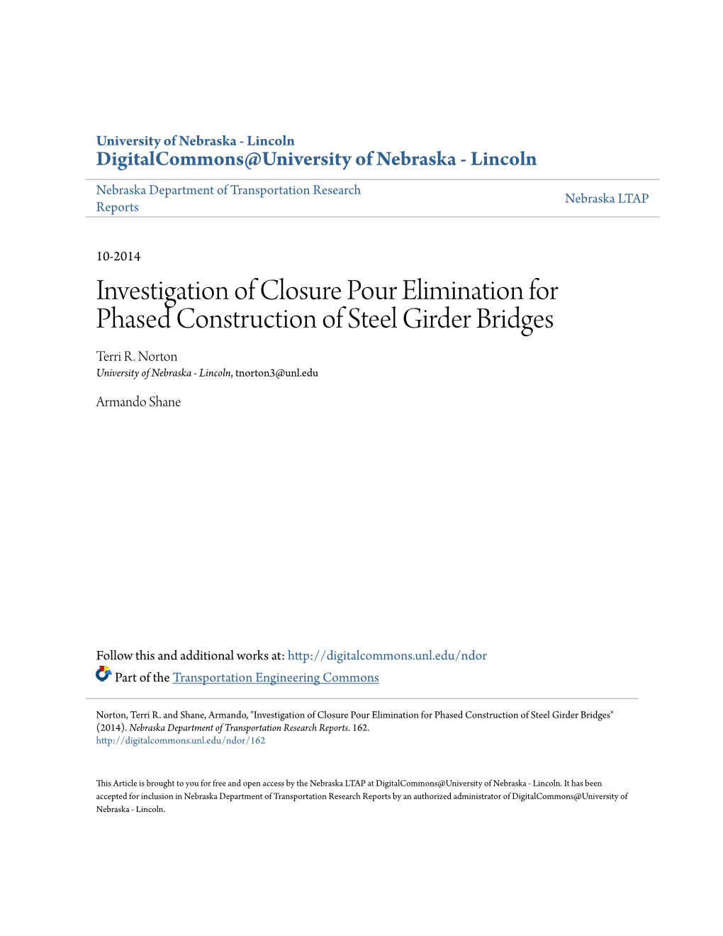 Investigation of Closure Pour Elimination for Phased Construction of Steel Girder Bridges Terri R