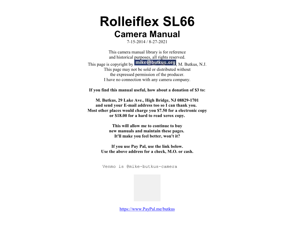 Rolleiflex SL66 Camera Manual 7-15-2014 / 8-27-2021