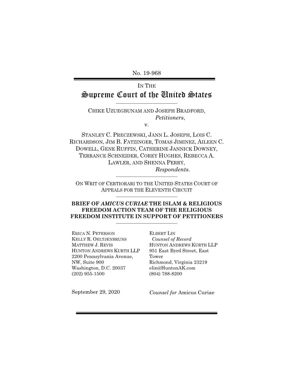 Islam & Religious Freedom Action Team of the Religious Freedom Institute in Support of Petitioners ______