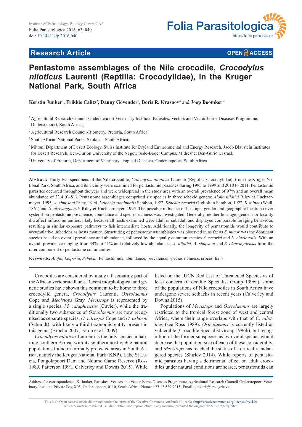 Pentastome Assemblages of the Nile Crocodile, Crocodylus Niloticus Laurenti (Reptilia: Crocodylidae), in the Kruger National Park, South Africa