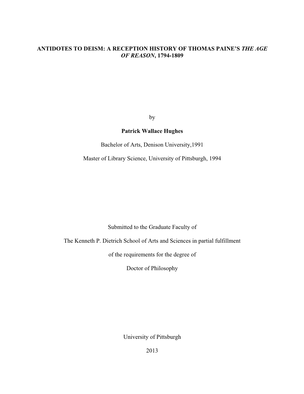 Antidotes to Deism: a Reception History of Thomas Paine’S the Age of Reason, 1794-1809