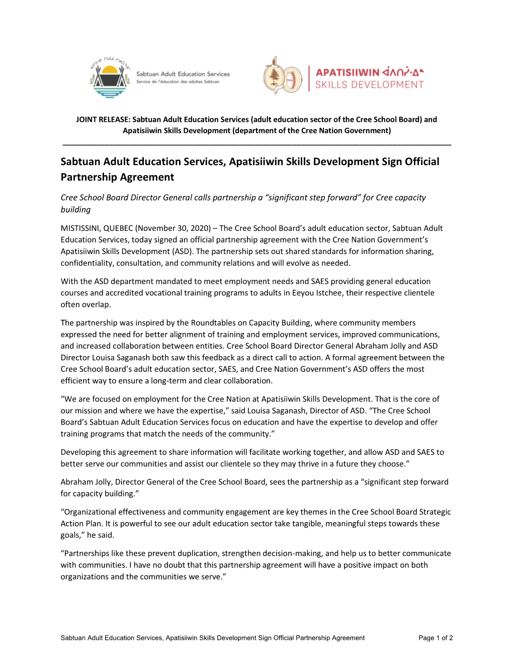 Sabtuan Adult Education Services, Apatisiiwin Skills Development Sign