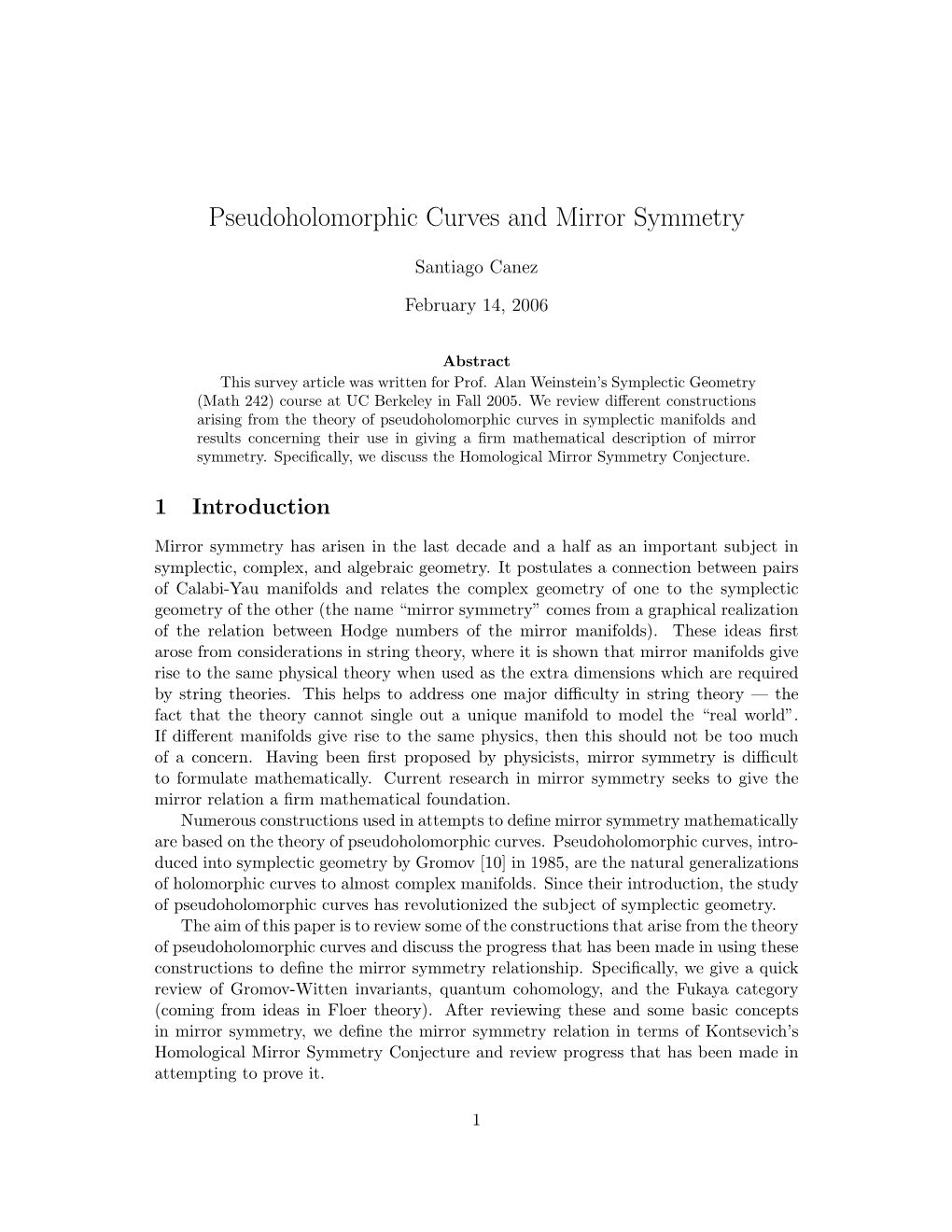 Pseudoholomorphic Curves and Mirror Symmetry