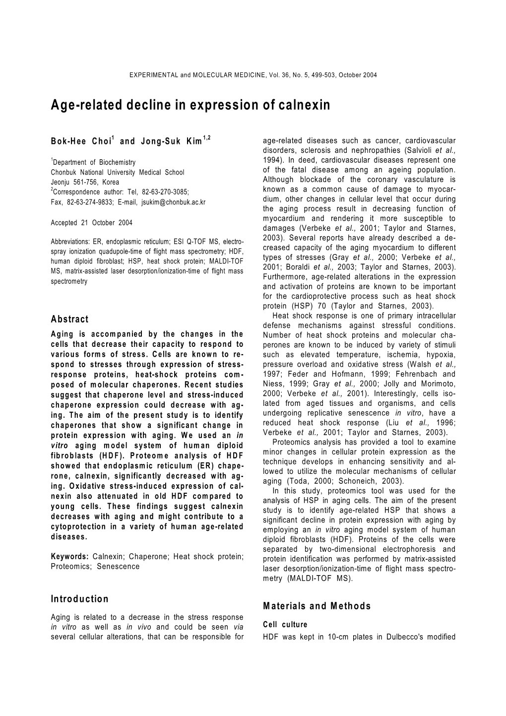 Age-Related Decline in Expression of Calnexin