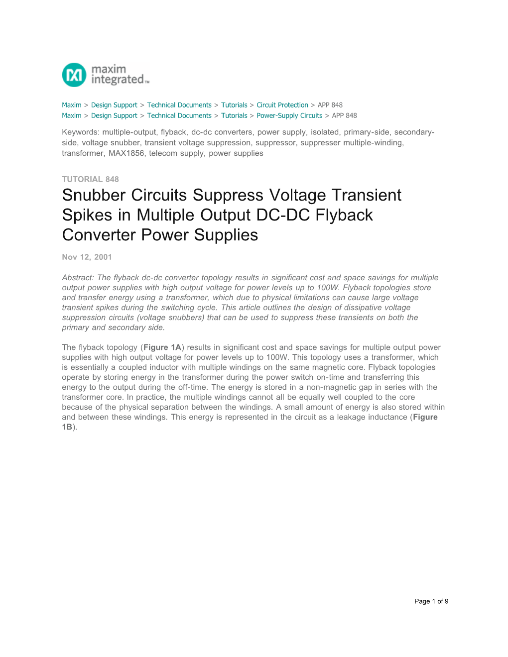 Snubber Circuits Suppress Voltage Transient Spikes in Multiple Output DC-DC Flyback Converter Power Supplies