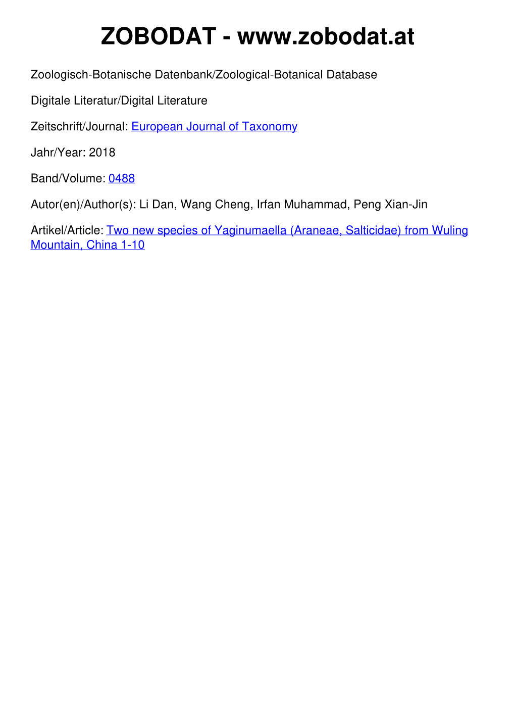 Araneae, Salticidae) from Wuling Mountain, China 1-10 © European Journal of Taxonomy; Download Unter