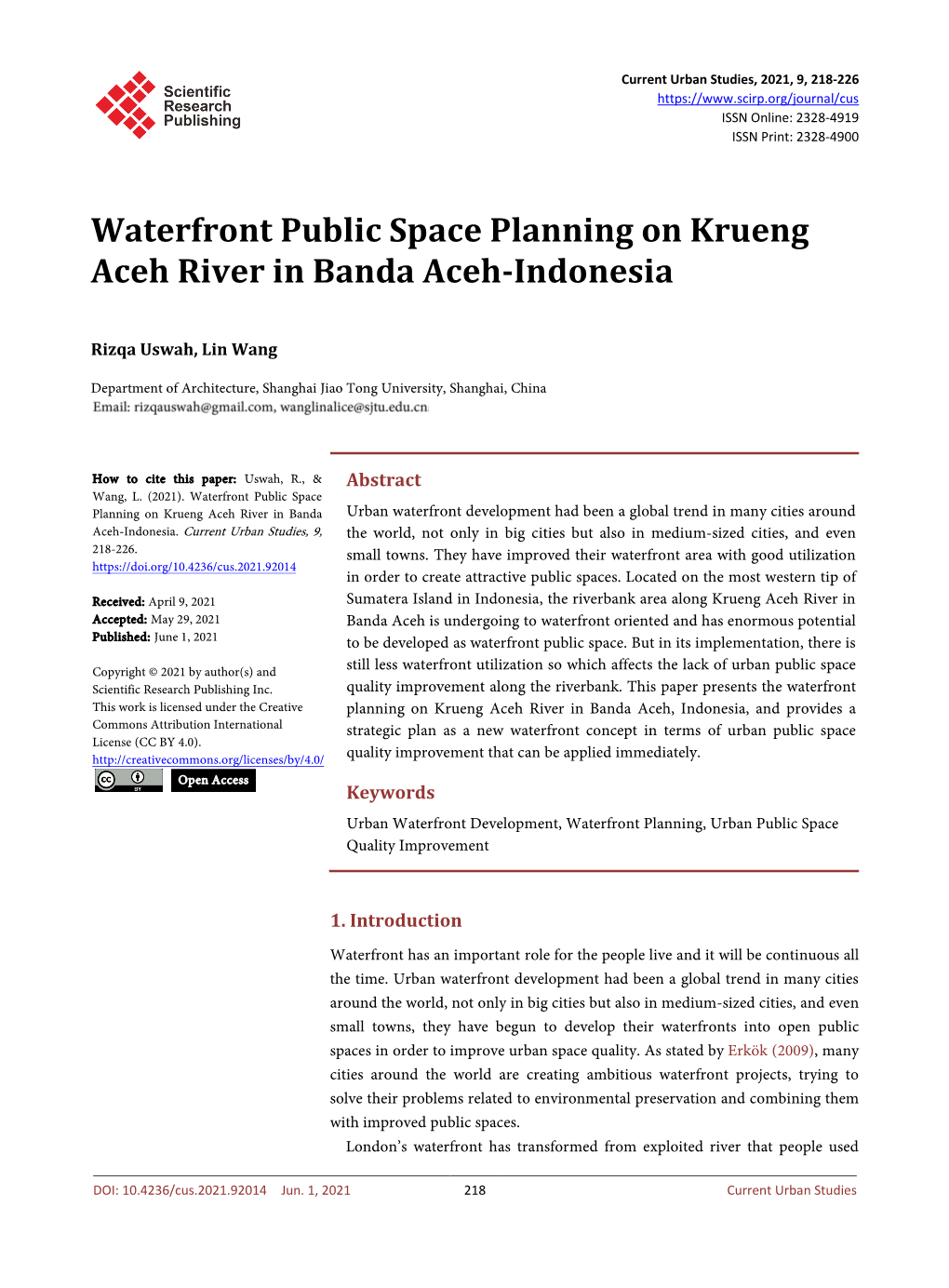 Waterfront Public Space Planning on Krueng Aceh River in Banda Aceh-Indonesia