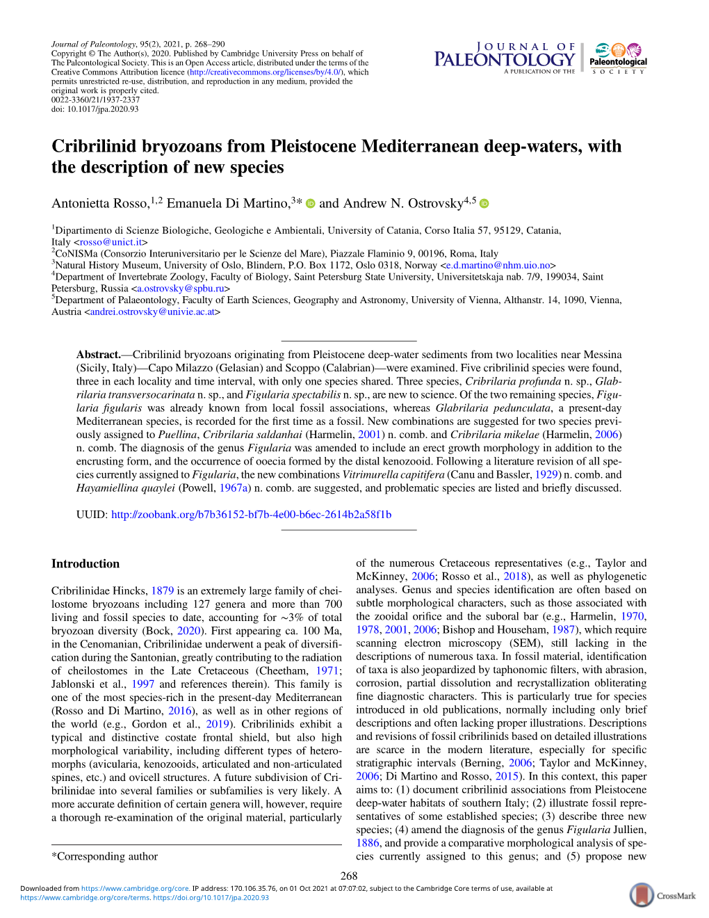 Cribrilinid Bryozoans from Pleistocene Mediterranean Deep-Waters, with the Description of New Species