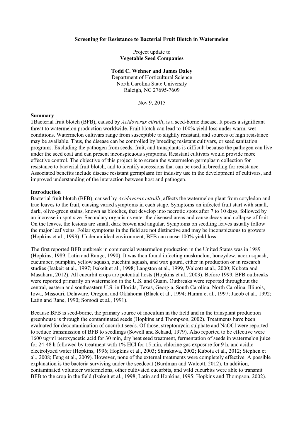 Screening for Resistance to Bacterial Fruit Blotch in Watermelon