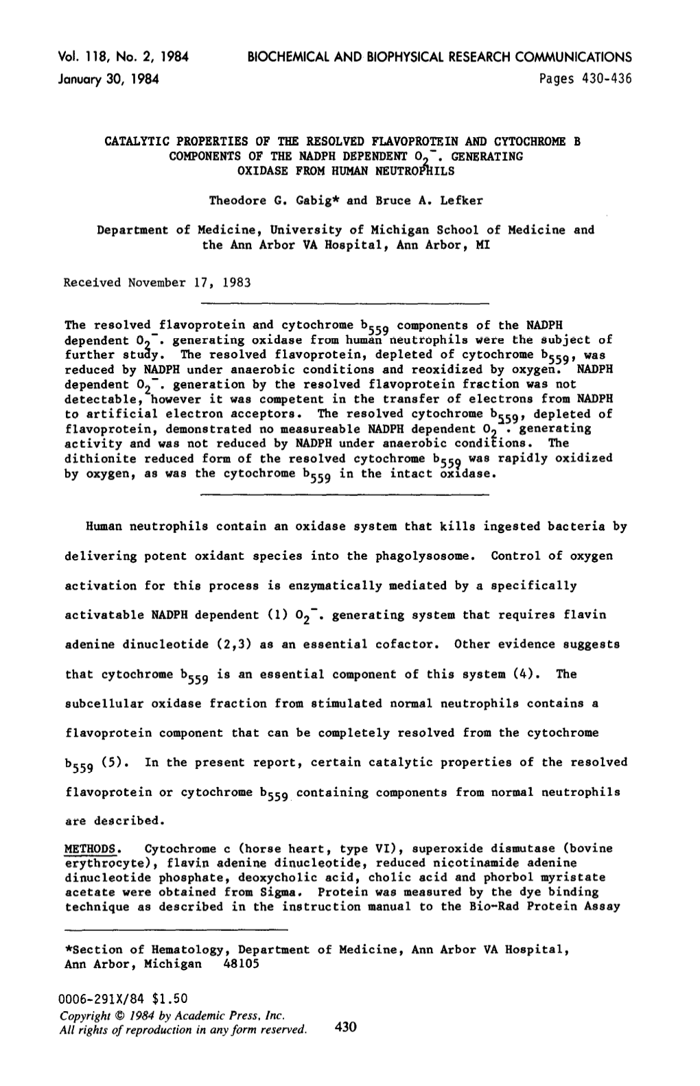 Vol. 118, No. 2, 1984 January 30, 1984 BIOCHEMICAL AND