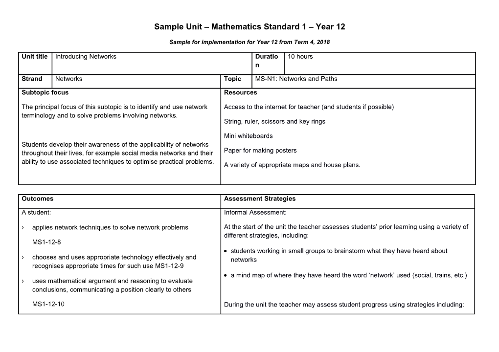 Sample Unit Year 12 Mathematics Standard 1