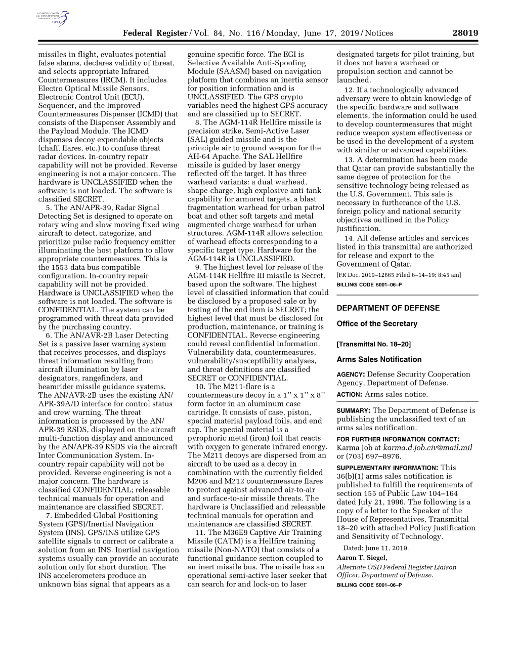 Federal Register/Vol. 84, No. 116/Monday, June 17, 2019/Notices