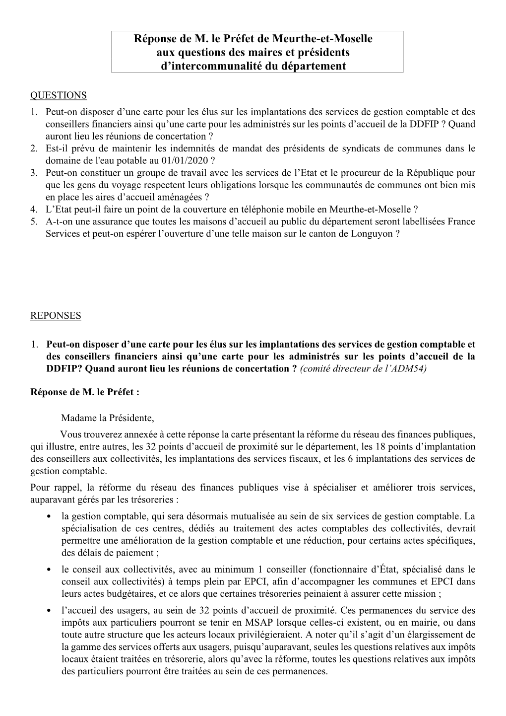 Réponse De M. Le Préfet De Meurthe-Et-Moselle Aux Questions Des Maires Et Présidents D’Intercommunalité Du Département