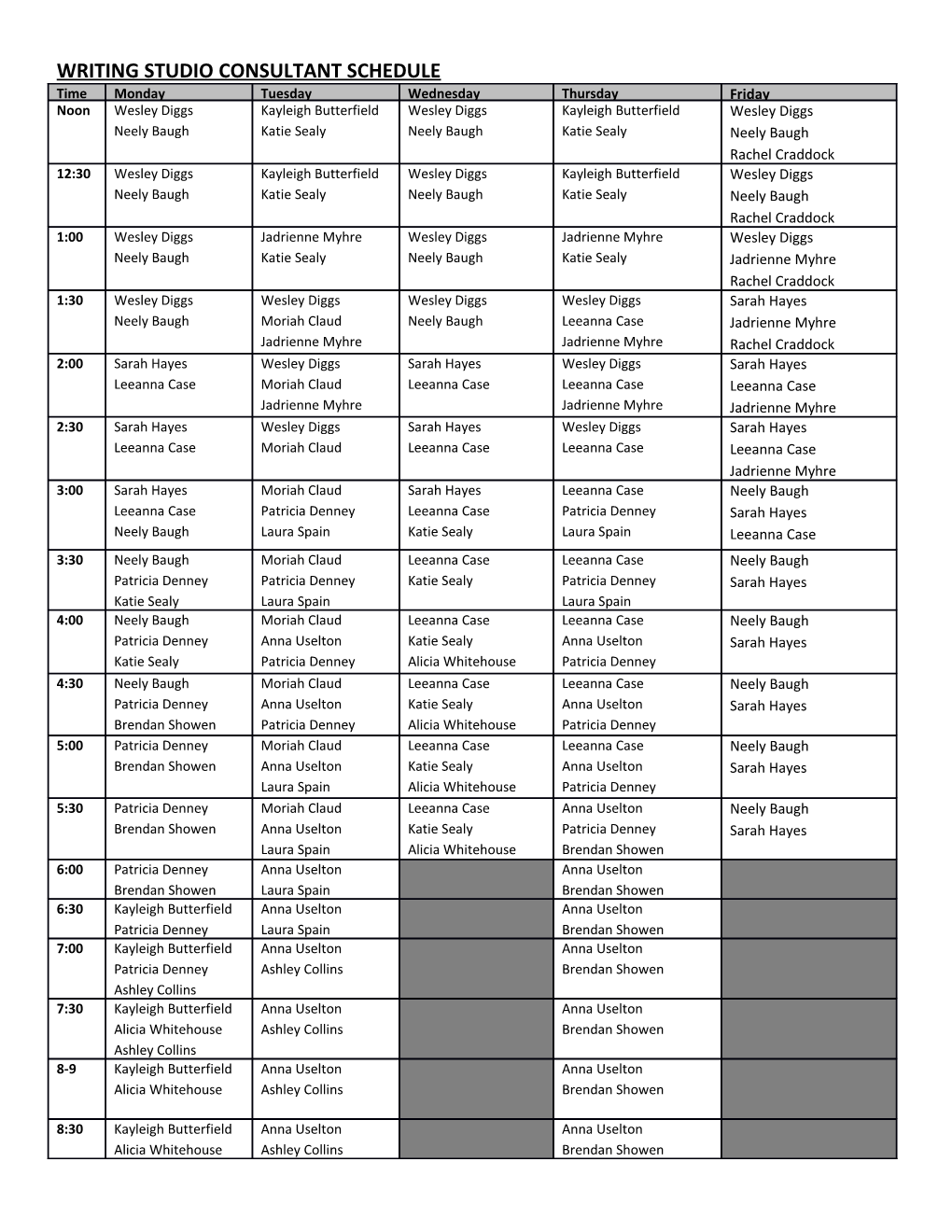 Writing STUDIO CONSULTANT SCHEDULE